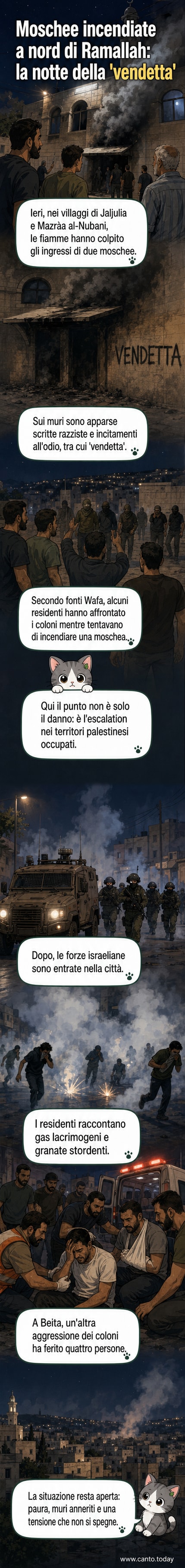 Immagine di una moschea danneggiata con muri imbrattati da scritte razziste, circondata da tracce di incendio e presenza di forze di sicurezza.