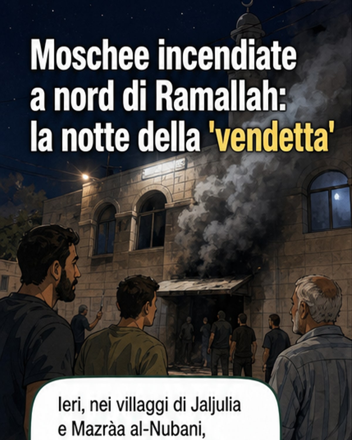Immagine di una moschea danneggiata con muri imbrattati da scritte razziste, circondata da tracce di incendio e presenza di forze di sicurezza.