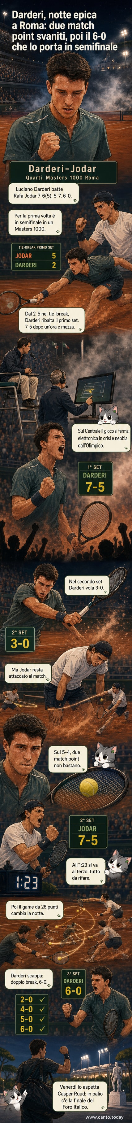 Luciano Darderi celebra la vittoria al termine del match contro Rafa Jodar ai quarti di finale del Masters 1000 di Roma 2026.
