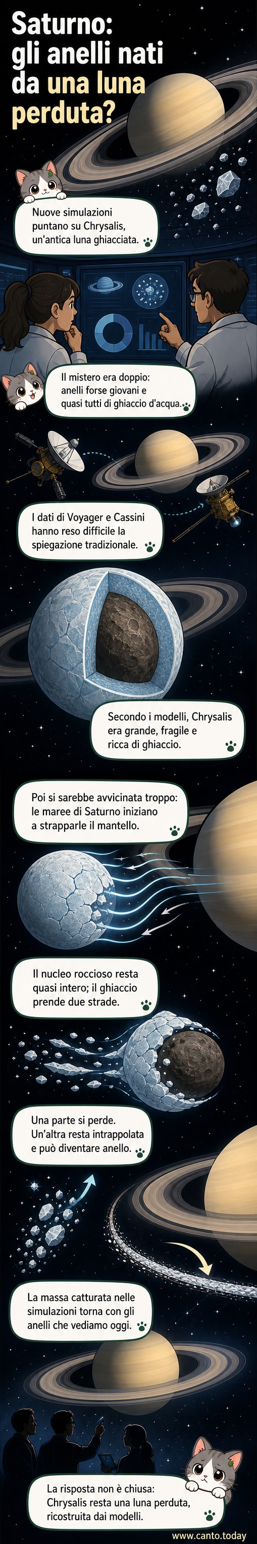 Illustrazione di Saturno con i suoi anelli luminosi, mentre una luna ghiacciata si disintegra sotto l'effetto delle forze di marea, con frammenti di ghiaccio che formano un anello crescente attorno al pianeta.