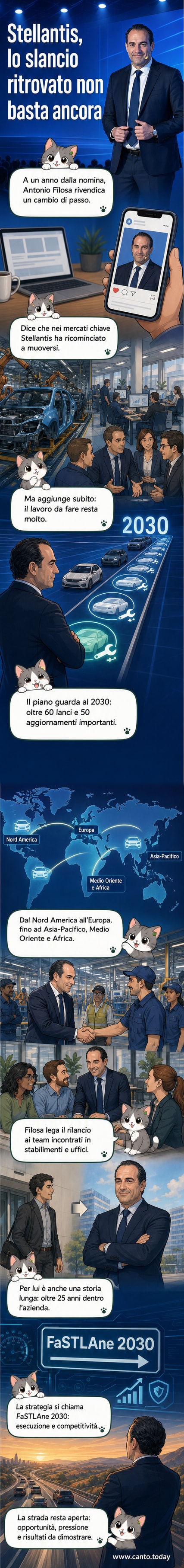 Illustrazione di Antonio Filosa, CEO di Stellantis, che presenta una roadmap strategica con i pilastri della crescita e i nuovi modelli in arrivo entro il 2030.