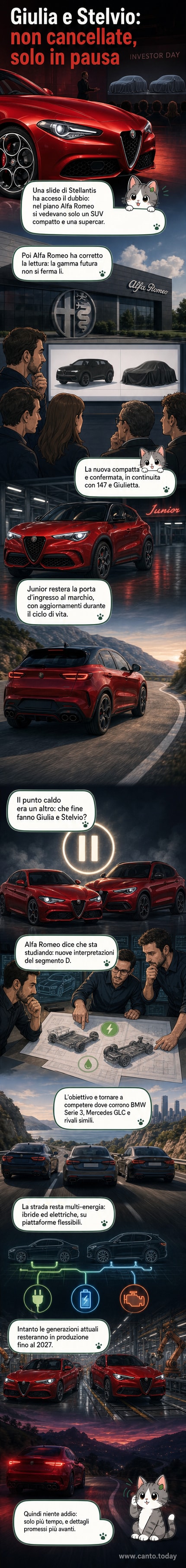 Render di una futura Alfa Romeo Giulia e Stelvio accanto a un grafico del piano industriale di Stellantis che mostra i futuri modelli del marchio.