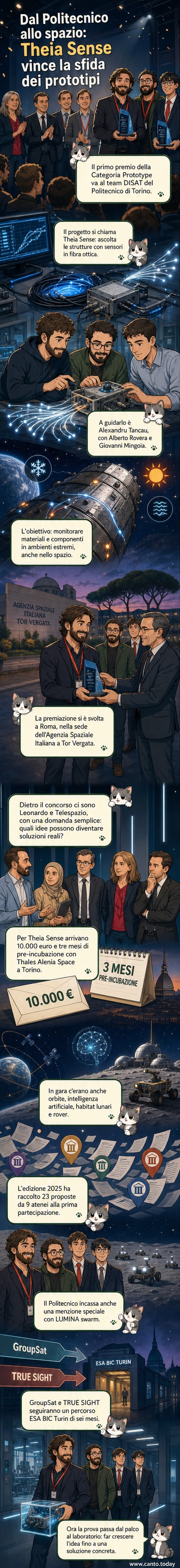 Illustrazione di un satellite in orbita con sensori in fibra ottica che si irradiano verso la Terra, simbolo del progetto Theia Sense del Politecnico di Torino.