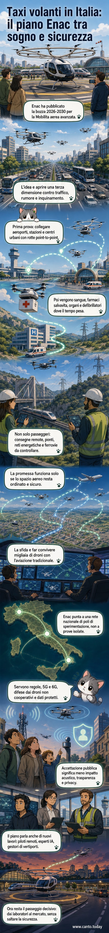 Illustrazione futuristica di un vertiporto urbano con taxi volanti in decollo e atterraggio, circondato da grattacieli e collegato a una stazione ferroviaria sottostante.