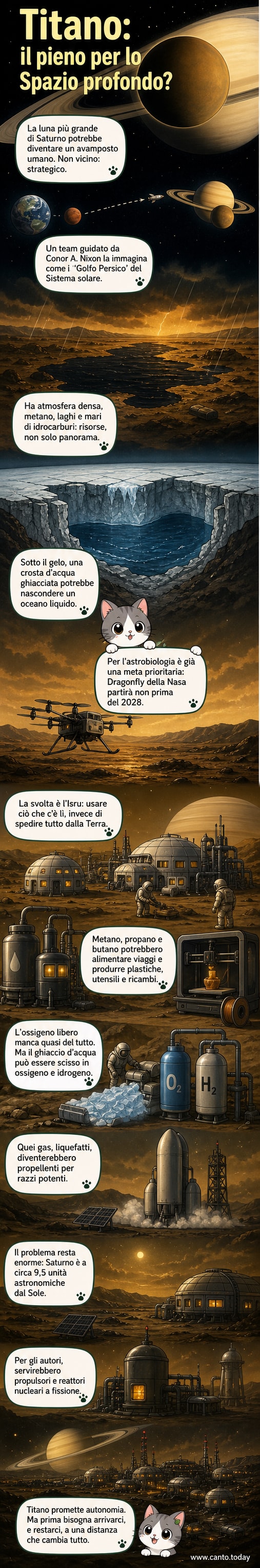 Illustrazione di Titano con laghi di metano, atmosfera densa e una base umana futuristica sotto un cielo arancione, con Saturno visibile in lontananza.