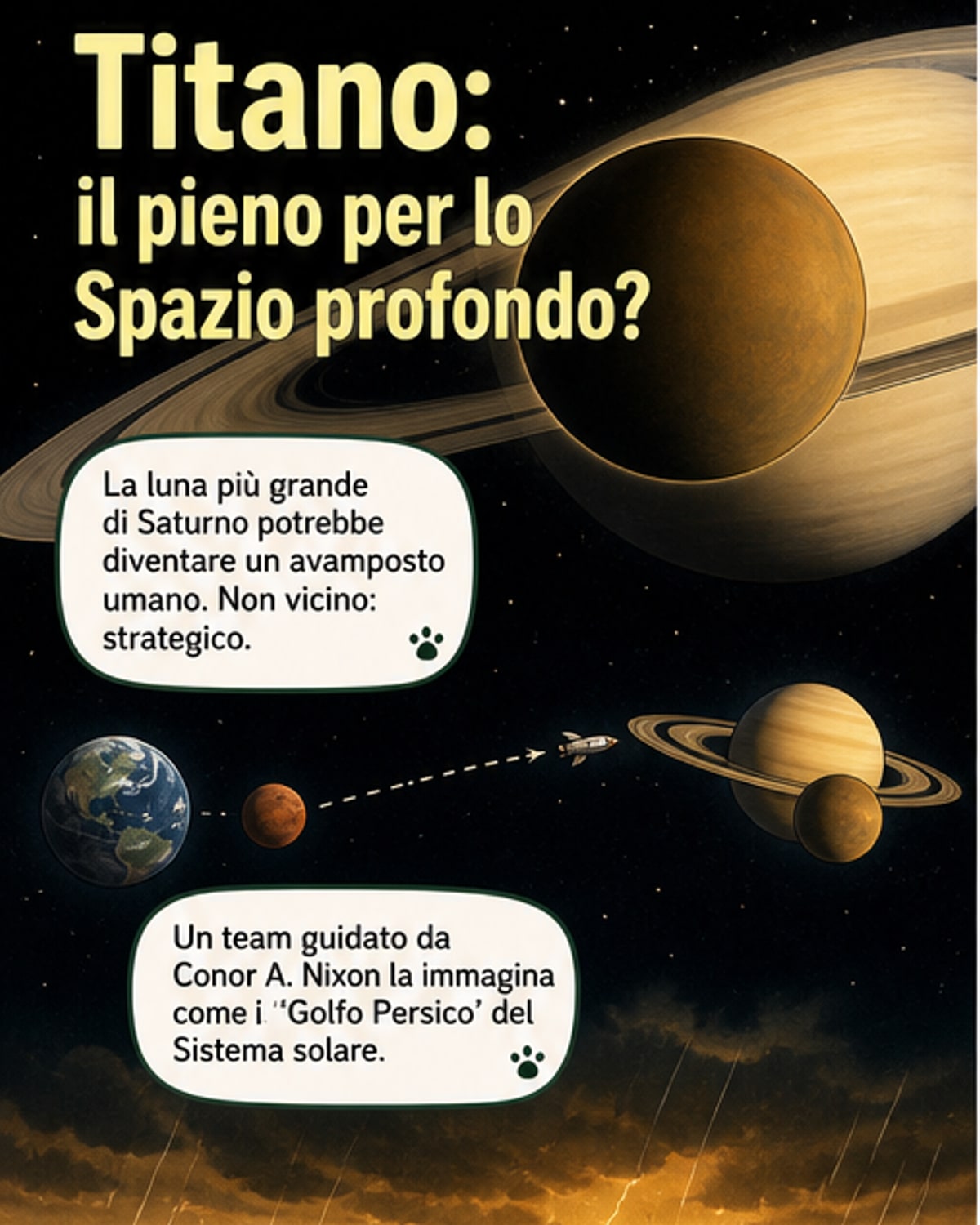 Illustrazione di Titano con laghi di metano, atmosfera densa e una base umana futuristica sotto un cielo arancione, con Saturno visibile in lontananza.