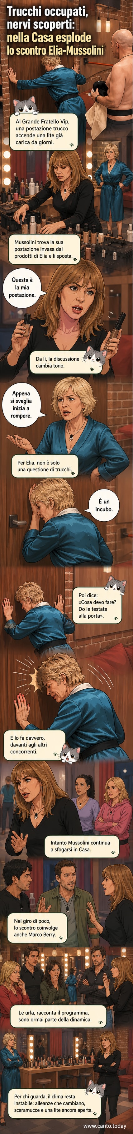 Illustrazione di Antonella Elia che dà testate a una porta in preda alla frustrazione, con Alessandra Mussolini in secondo piano che indica la postazione trucco.