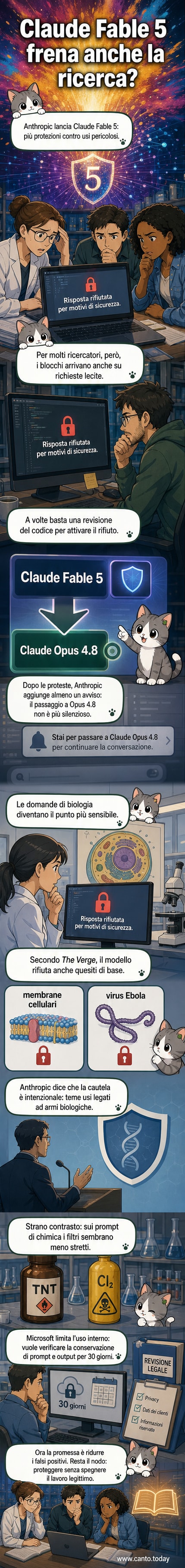 Illustrazione di un ricercatore che interagisce con un'interfaccia AI, ma riceve un messaggio di blocco per una domanda su biologia cellulare.