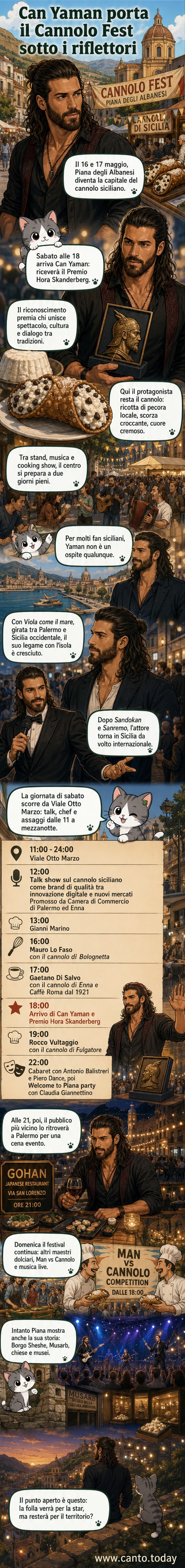 Manifestazione del Cannolo Fest a Piana degli Albanesi con stand di dolci, pubblico e palco per la consegna del premio Hora Skanderberg a Can Yaman.
