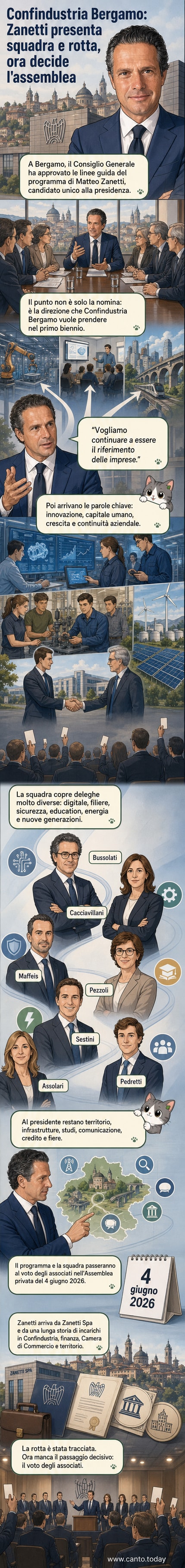 Illustrazione di un palazzo istituzionale con il logo di Confindustria Bergamo, mentre un gruppo di imprenditori entra per una riunione strategica. Sullo sfondo, ingranaggi e frecce indicano innovazione e crescita.