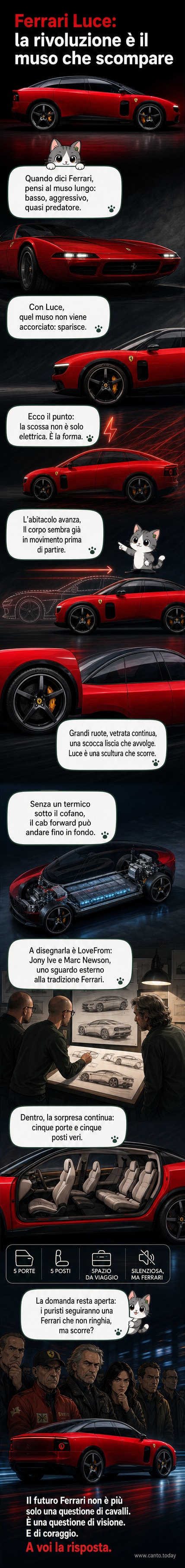 Rappresentazione stilizzata della Ferrari Luce, senza muso tradizionale, con profilo cab forward, cerchi enormi e superfici vetrate continue, in un ambiente urbano notturno.