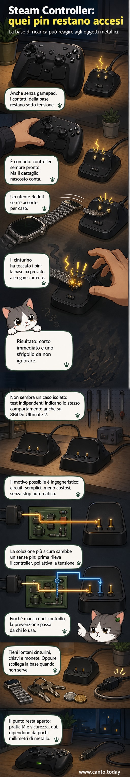Illustrazione di un controller Steam con i pin di ricarica in evidenza e un cinturino metallico dello smartwatch che entra in contatto, mostrando scintille per il cortocircuito.
