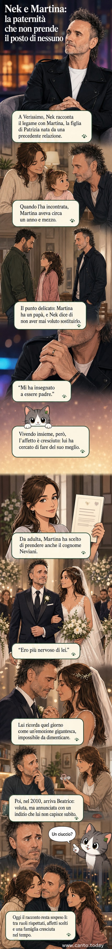 Illustrazione di Nek con le figlie Martina e Beatrice, in un momento familiare intimo e caloroso