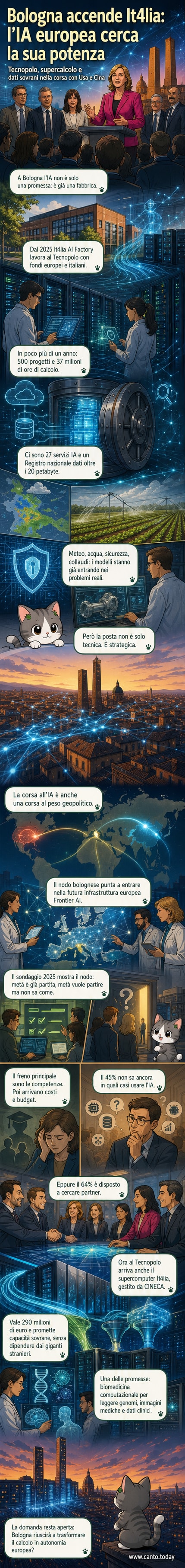 Illustrazione di un supercomputer con circuiti luminosi e torri stilizzate di Bologna, circondato da simboli di intelligenza artificiale e dati digitali.
