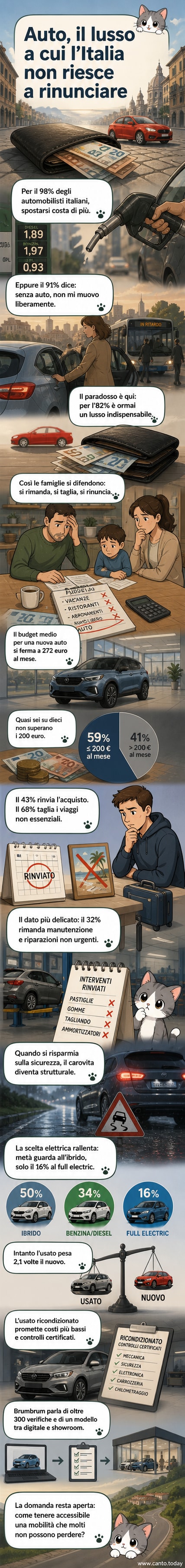 Illustrazione di un'auto moderna in primo piano, con uno sfondo diviso: da un lato una città con prezzi in aumento, dall'altro una famiglia che discute sul budget mensile per l'auto.