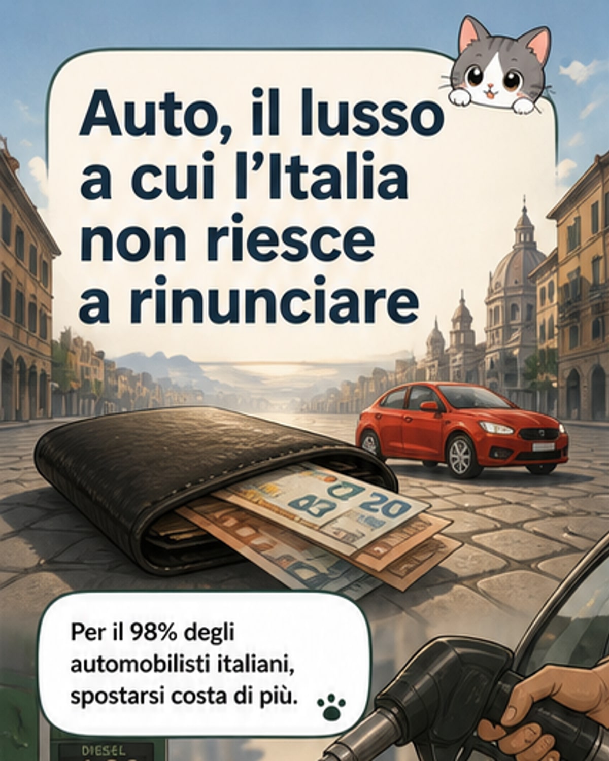 Illustrazione di un'auto moderna in primo piano, con uno sfondo diviso: da un lato una città con prezzi in aumento, dall'altro una famiglia che discute sul budget mensile per l'auto.