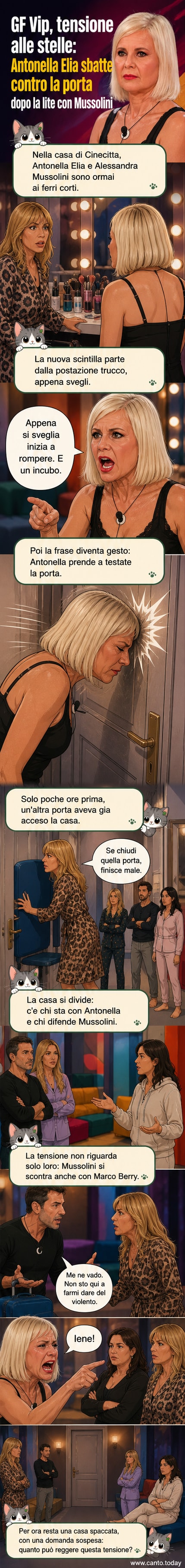 Illustrazione stilizzata di due donne in uno scontro verbale in una stanza con specchi e prodotti di trucco, una delle due colpisce una porta con la testa, mentre altri concorrenti osservano preoccupati.