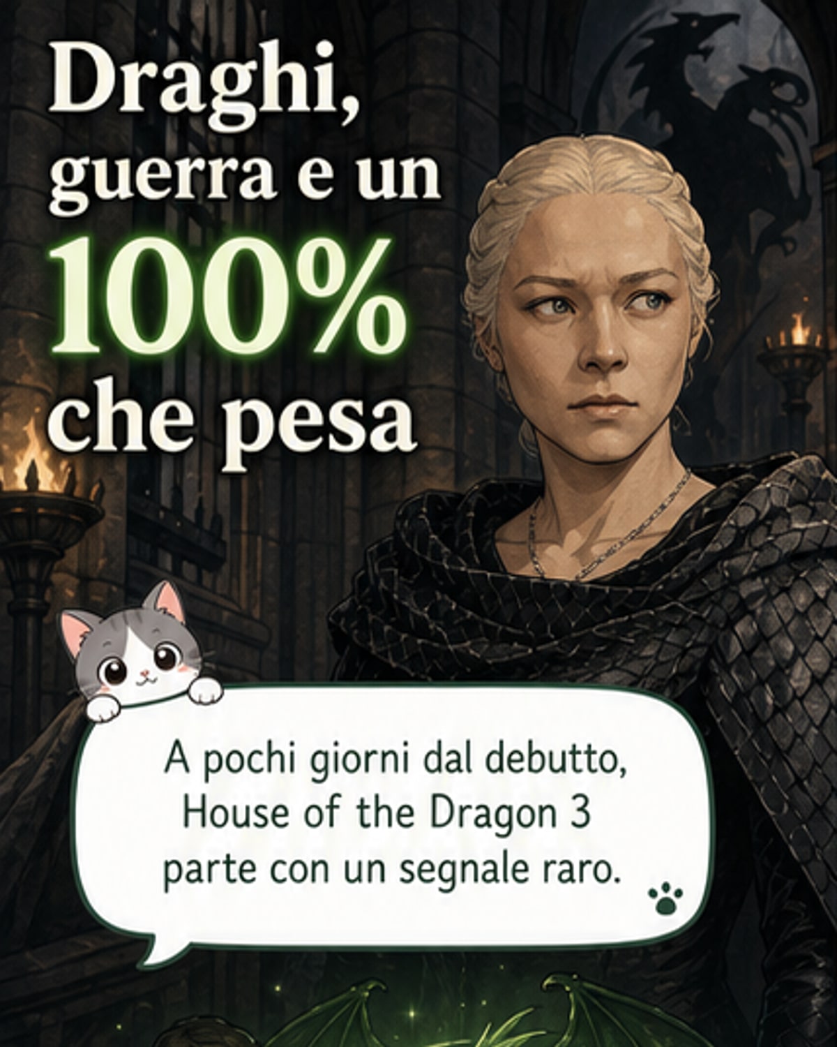 Un drago vola su un castello in fiamme, con il titolo 'House of the Dragon 3' in caratteri gotici rossi.