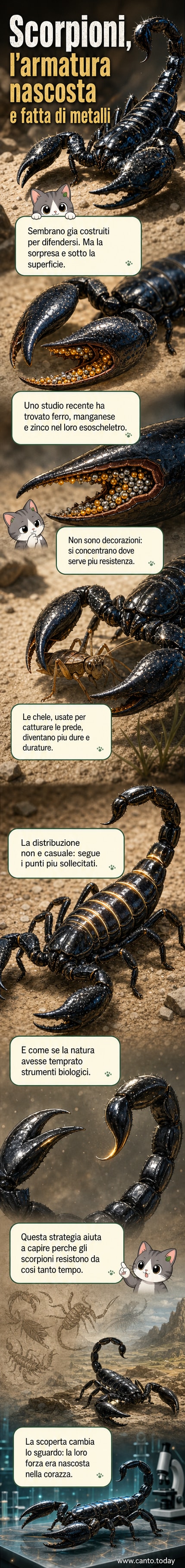 Illustrazione stilizzata di uno scorpione con dettagli ingranditi sulle chele, dove si vedono atomi di ferro e zinco integrati nell'esoscheletro.