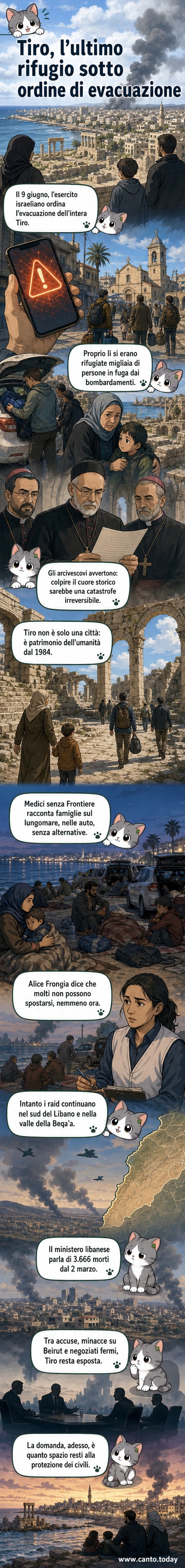 Pannello illustrato di una città costiera mediterranea bombardata, con antiche rovine romane in primo piano e civili in fuga sul lungomare sotto cieli grigi.