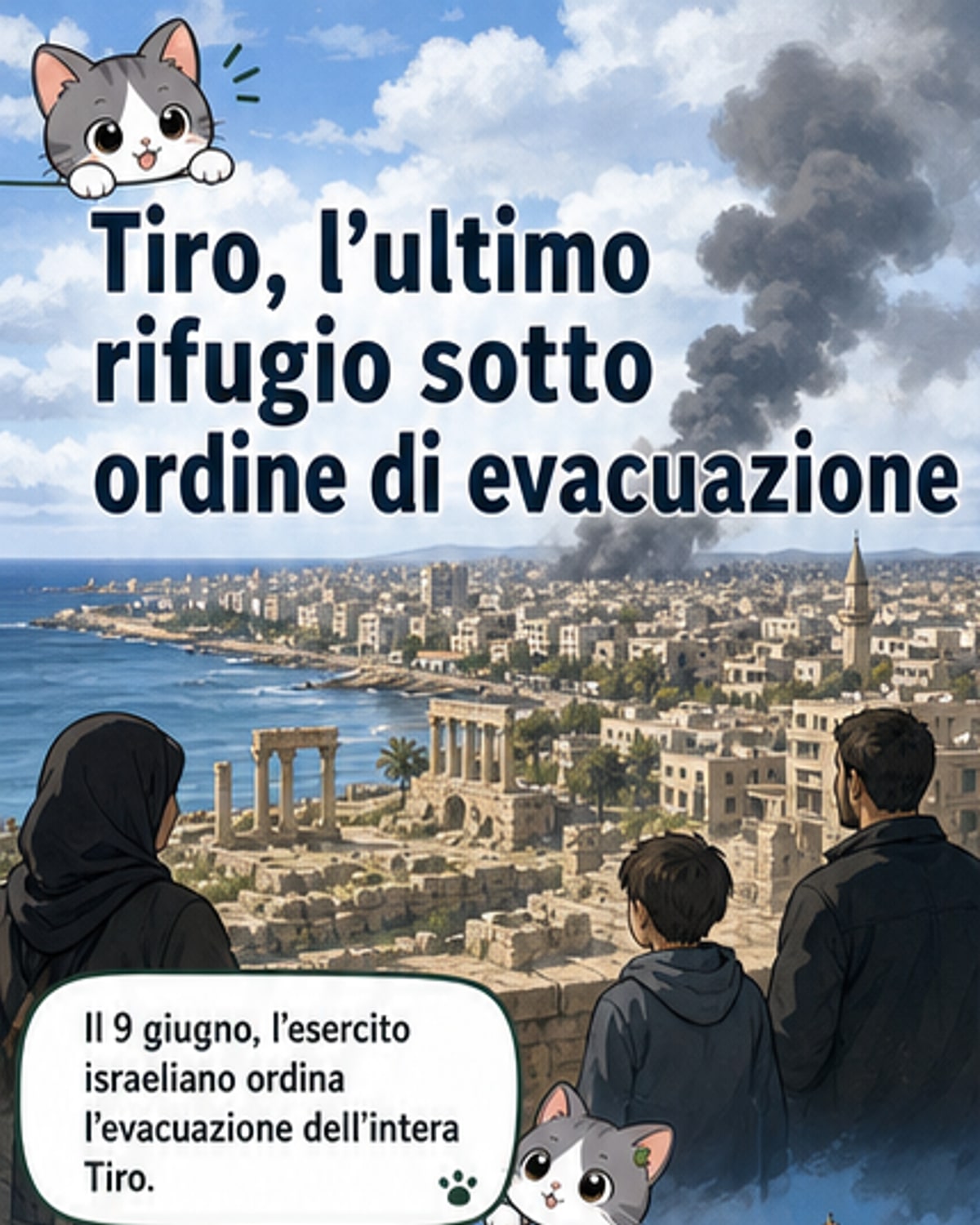 Pannello illustrato di una città costiera mediterranea bombardata, con antiche rovine romane in primo piano e civili in fuga sul lungomare sotto cieli grigi.