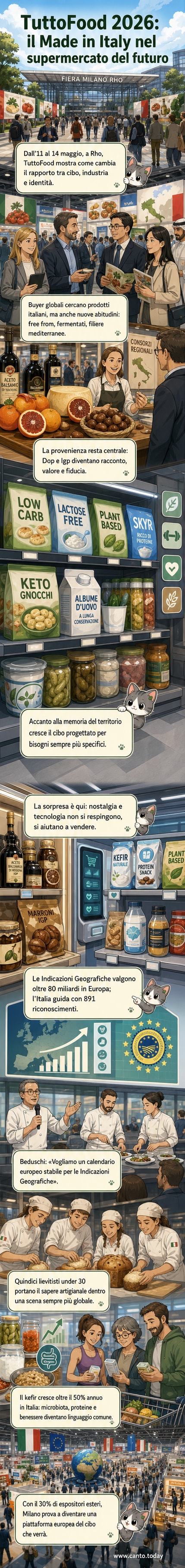 Padiglioni di TuttoFood 2026 a Milano, con espositori che mostrano prodotti Dop, fermentati e alternative alimentari innovative in un contesto internazionale.