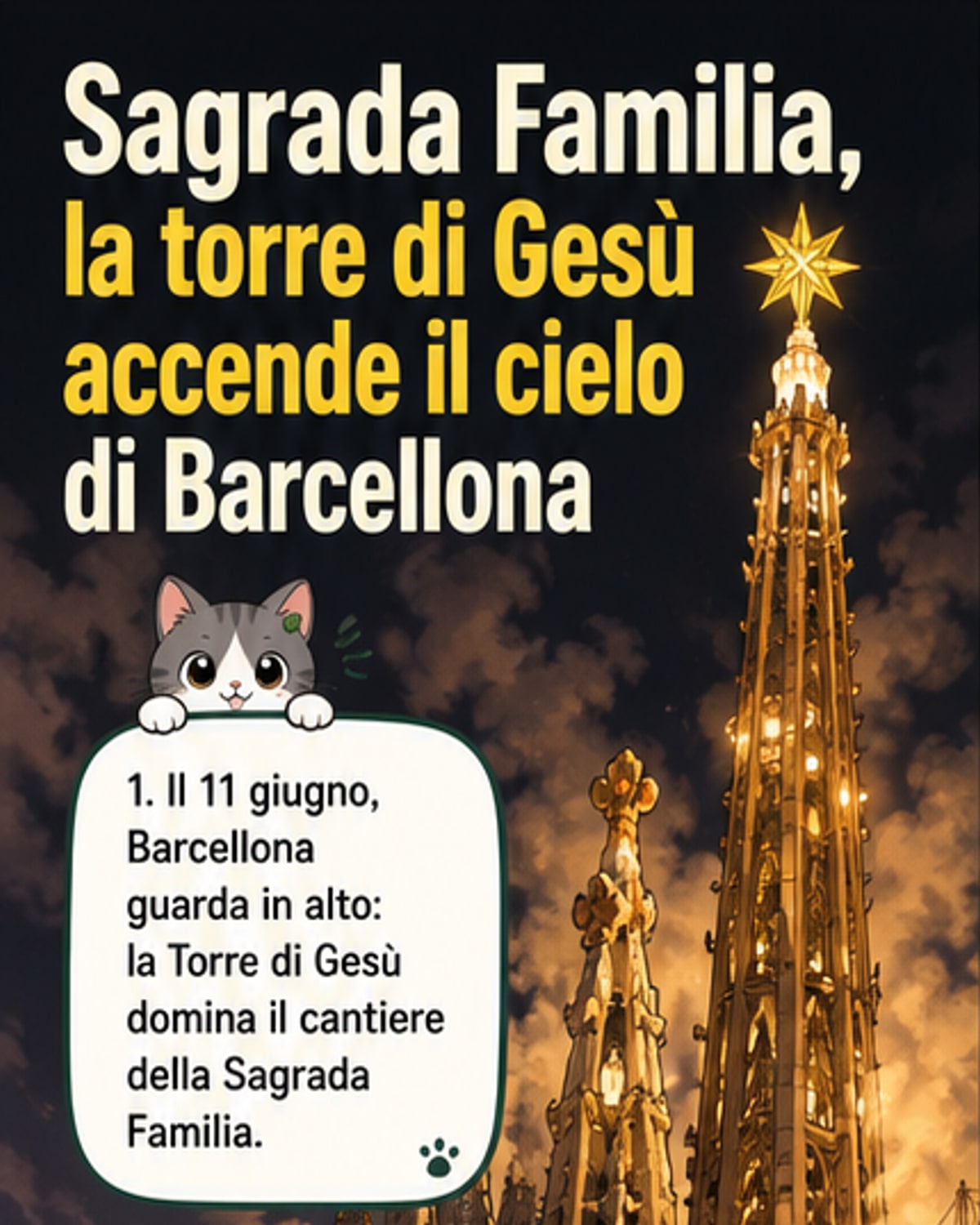 Illustrazione della Sagrada Familia di Barcellona con la Torre di Gesù illuminata contro il cielo, mentre operai completano gli ultimi dettagli secondo il progetto originale di Gaudí.