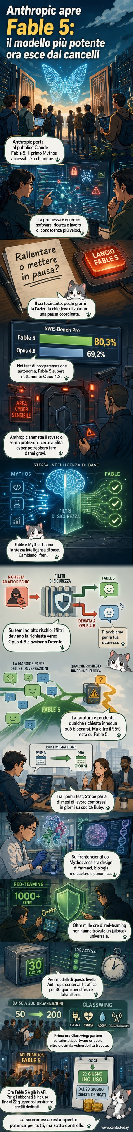 Illustrazione di un'intelligenza artificiale stilizzata che emerge da un circuito, con icone di sicurezza, codice e molecole intorno.