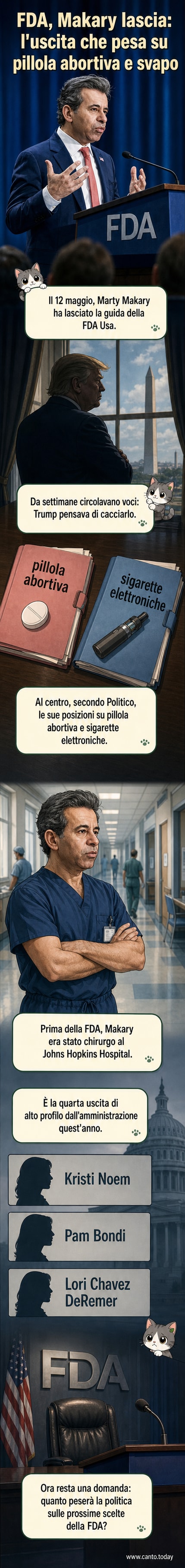 Illustrazione di Marty Makary che lascia un edificio con il logo della FDA, con un'espressione seria e documenti in mano.