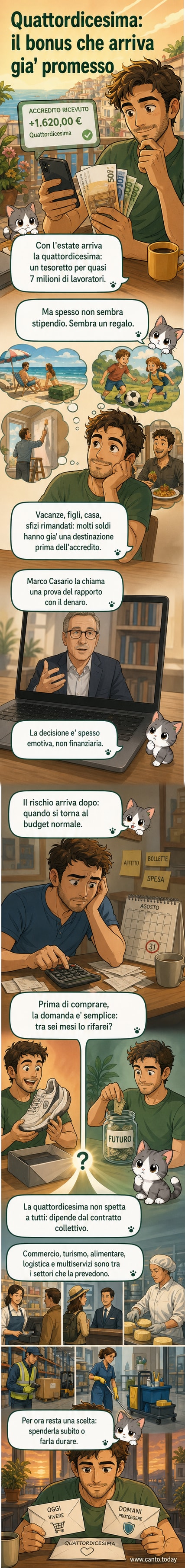 Un lavoratore guarda il proprio stipendio extra sullo schermo del telefono, circondato da icone di spese come vacanze, regali e ristoranti, mentre una freccia mostra il denaro che svanisce rapidamente.
