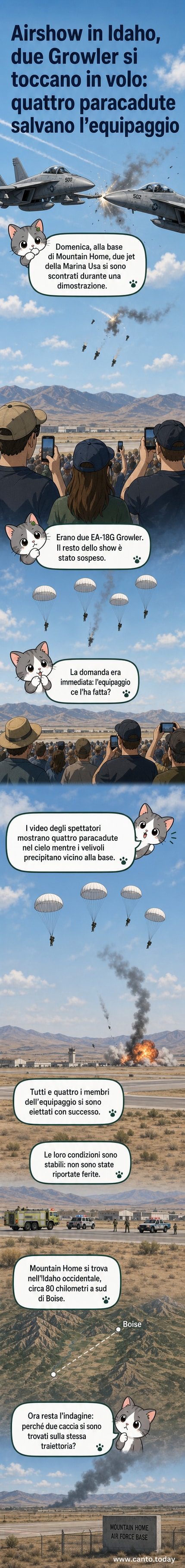 Due caccia militari in volo si scontrano in cielo durante un airshow, con paracaduti visibili poco dopo l’impatto