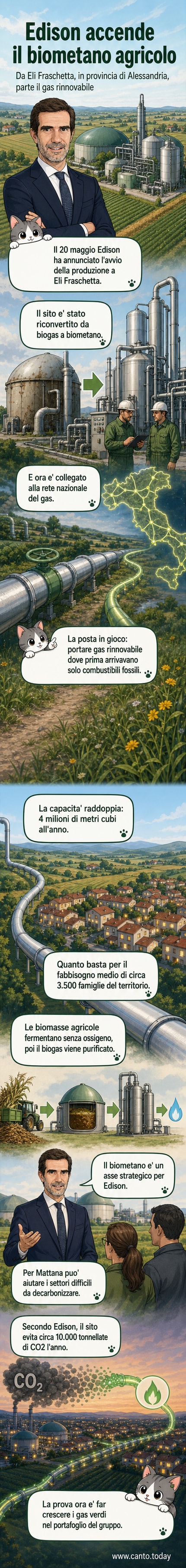 Illustrazione di un impianto di biometano in un campo agricolo, con tubi per il gas, serbatoi e campi coltivati sullo sfondo, in stile webtoon.