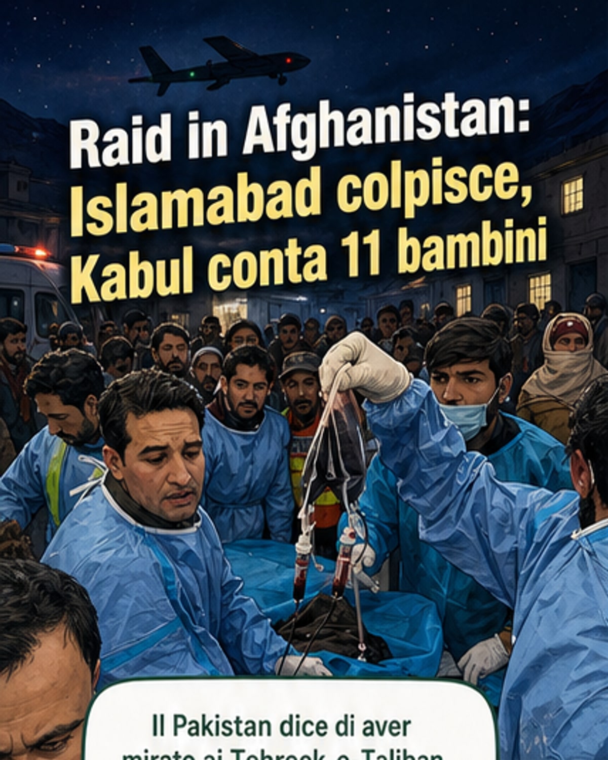 Mappa del confine tra Pakistan e Afghanistan con simboli di esplosioni e figure di bambini in un villaggio bombardato.