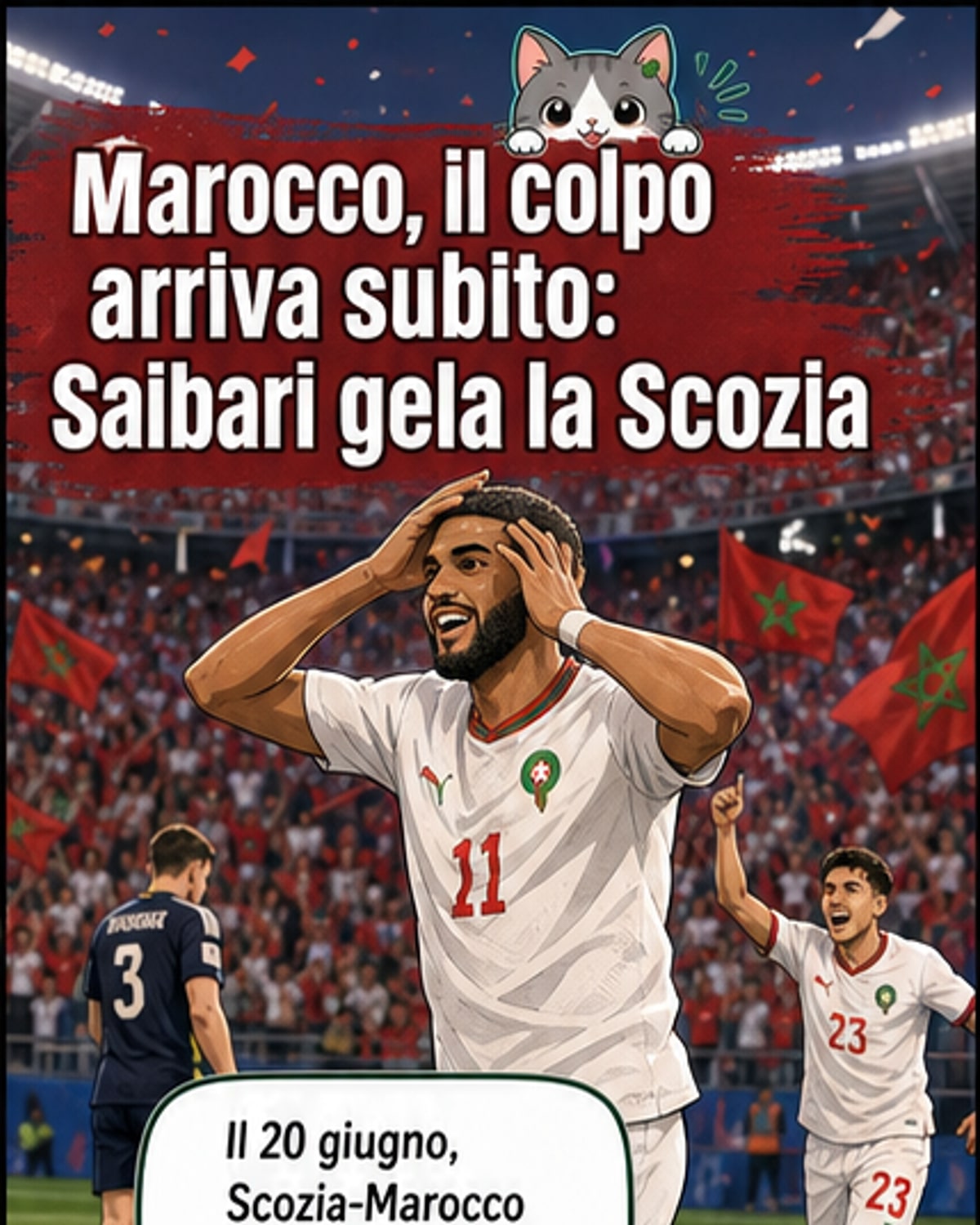 Illustrazione di Saibari che segna un gol su assist di Brahim Diaz, con la maglia del Marocco, in una partita dei Mondiali 2026 contro la Scozia