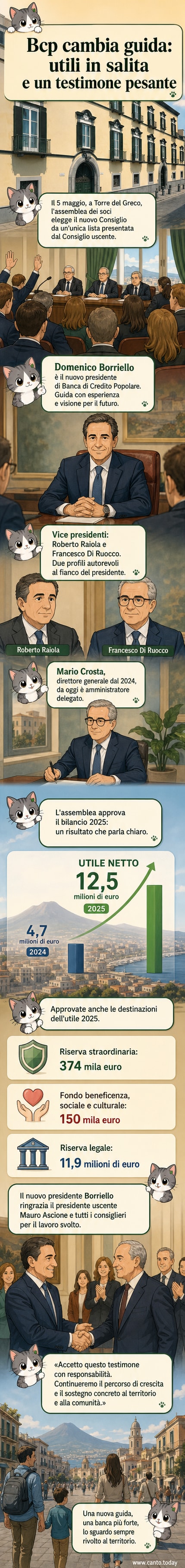 Illustrazione stilizzata di un palazzo bancario con nuovi nomi sulle targhe direttive: Borriello presidente, Crosta amministratore delegato, e grafici in salita che indicano crescita dei profitti.