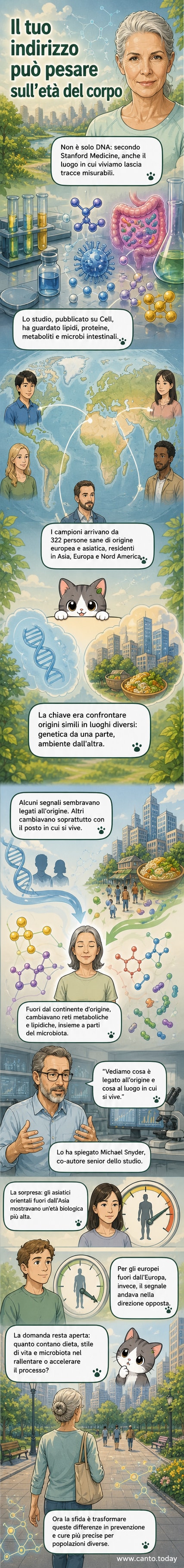 Illustrazione di due persone con orologi biologici diversi, una invecchia più velocemente e l’altra più lentamente a seconda del luogo in cui vivono.