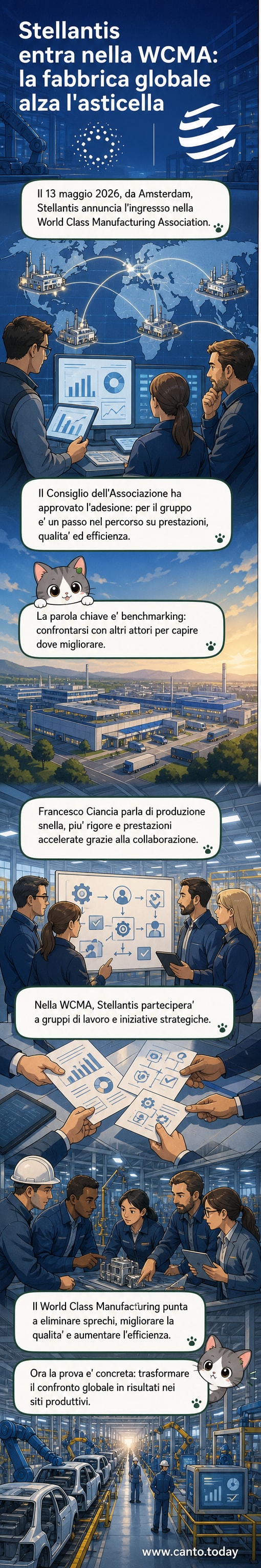 Logo di Stellantis e della World Class Manufacturing Association affiancati, con sfondo industriale stilizzato che rappresenta efficienza e innovazione produttiva.