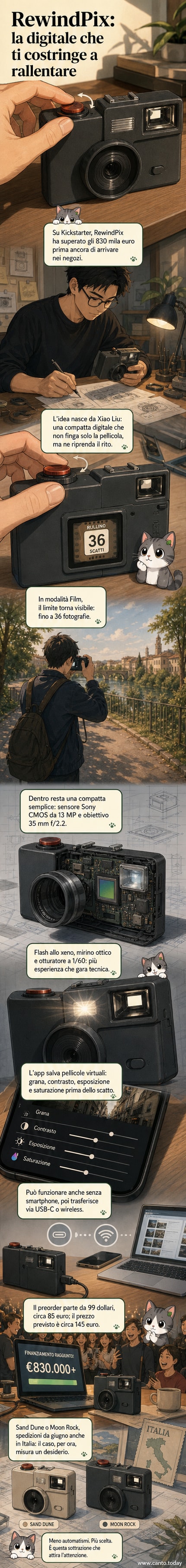 Fotocamera RewindPix in stile retrò su sfondo neutro, con design ispirato alle compatte degli anni '90 e dettagli in metallo e plastica.