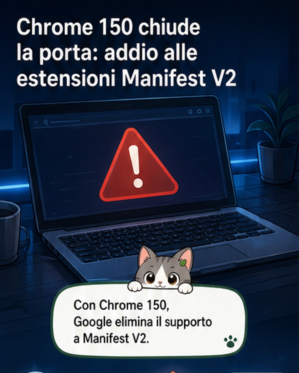Illustrazione di un browser Chrome che smette di funzionare su un vecchio PC, con estensioni disattivate e un avviso di errore
