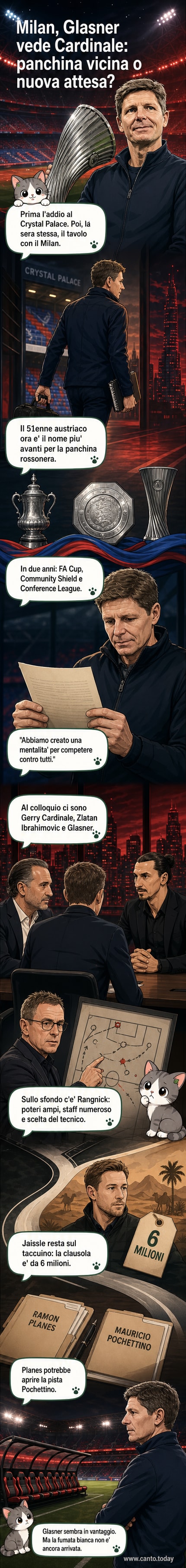 Illustrazione di Oliver Glasner che stringe la mano a Gerry Cardinale e Zlatan Ibrahimovic sotto la bandiera del Milan.