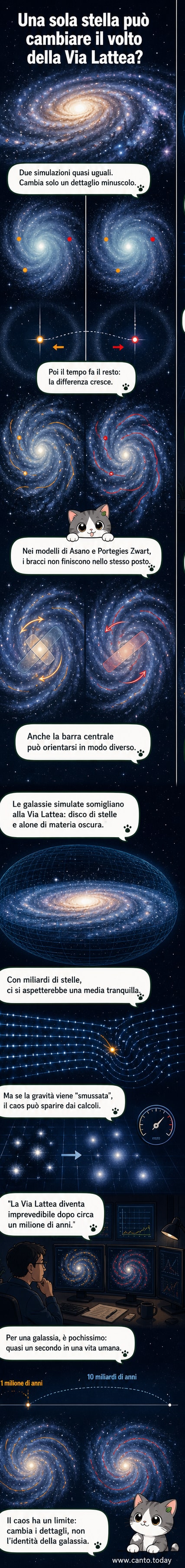 Due simulazioni galattiche quasi identiche mostrano come una piccola differenza iniziale nella posizione di una stella (punto arancione e rosso) porti a un’evoluzione strutturale divergente nel tempo.