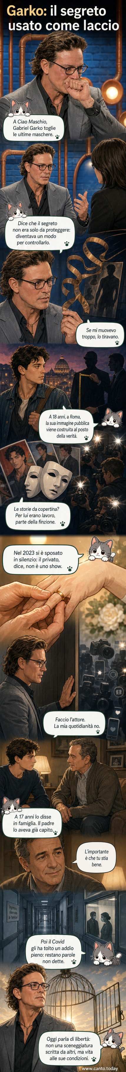 Ritratto emotivo di Gabriel Garko durante un'intervista, con sguardo commosso e illuminazione soffusa che ne evidenzia l'espressione sincera.