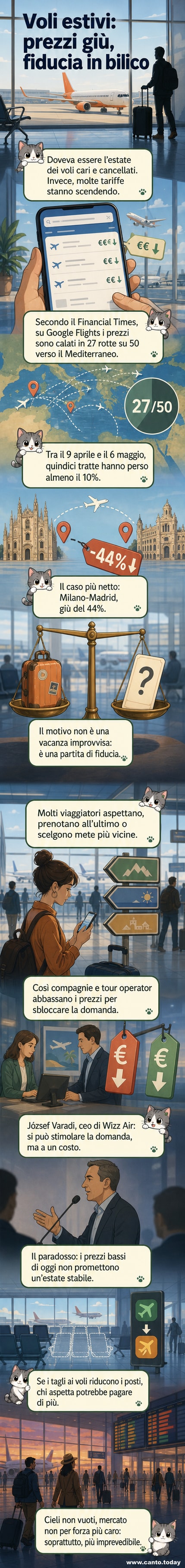 Grafico che mostra il calo dei prezzi dei voli estivi su rotte europee, con frecce in discesa e immagini di aerei in cielo.