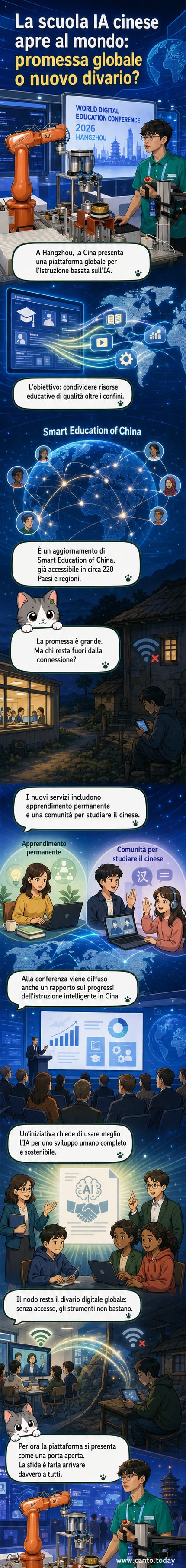 Illustrazione di un tablet con simboli di intelligenza artificiale e globi collegati da linee luminose, che rappresenta la piattaforma educativa globale basata sull'IA lanciata dalla Cina.