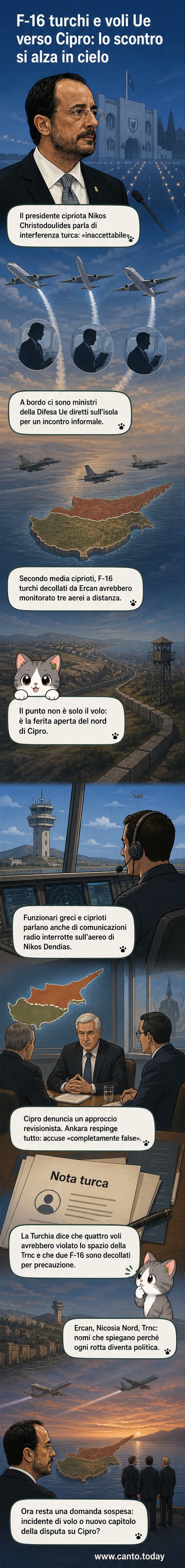 Illustrazione di due caccia F-16 turchi che sorvolano un aereo civile con la bandiera Ue, mentre sullo sfondo si vede l'isola di Cipro divisa tra nord e sud.