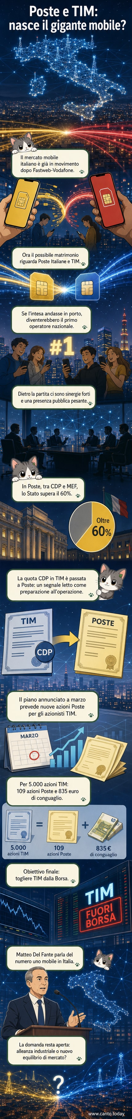 Illustrazione di due torri aziendali, una con il logo di Poste Italiane e l'altra con quello di TIM, che si fondono in un'unica entità con un simbolo di rete mobile e il tricolore italiano.
