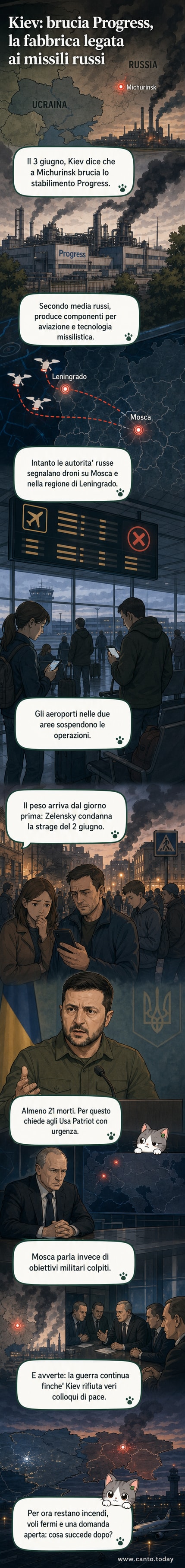 Illustrazione di un impianto industriale in fiamme con droni in volo sopra la regione di Tambov in Russia, con il confine ucraino in lontananza