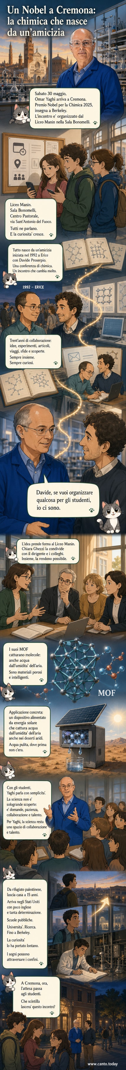 Illustrazione del Premio Nobel per la Chimica Omar Yaghi che parla a un gruppo di studenti in un auditorium, con alle spalle un grafico che mostra come i suoi materiali catturano acqua dal deserto.