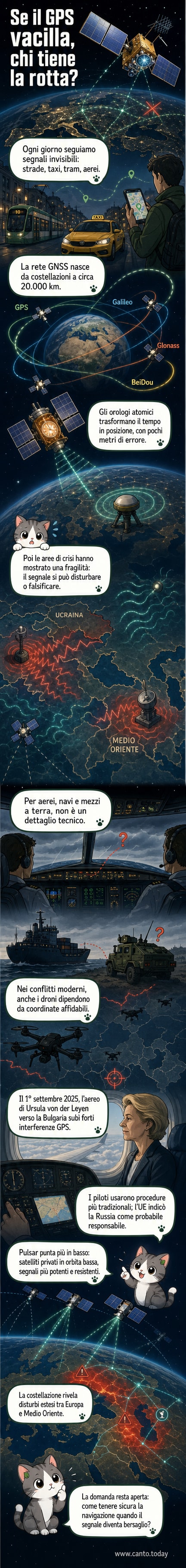 Illustrazione di satelliti in orbita bassa che emettono segnali protetti contro interferenze, con mappa dell'Europa e Medio Oriente sottostante.