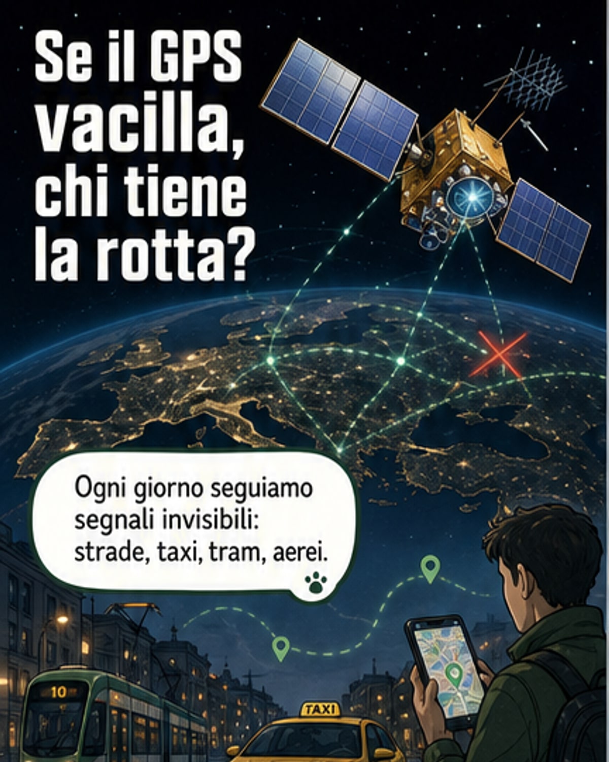 Illustrazione di satelliti in orbita bassa che emettono segnali protetti contro interferenze, con mappa dell'Europa e Medio Oriente sottostante.